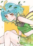  0nia_nia29 1girl antennae aqua_hair bad_anatomy blush butterfly_wings closed_mouth dress eternity_larva eyebrows_visible_through_hair fairy green_dress highres leaf leaf_on_head multicolored_clothes multicolored_dress one-hour_drawing_challenge orange_eyes short_hair short_sleeves smile solo sparkle touhou wings 