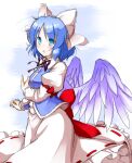  1girl :o aka_tawashi angel_wings arm_under_breasts back_bow bangs blue_eyes blue_hair blue_vest blush bow breasts collared_shirt commentary_request eyebrows_visible_through_hair feathered_wings frilled_skirt frills hair_bow highres juliet_sleeves long_sleeves mai_(touhou) pink_bow pink_shirt pink_skirt puffy_sleeves red_bow red_ribbon ribbon ribbon-trimmed_skirt ribbon_trim shirt short_hair skirt small_breasts touhou touhou_(pc-98) vest white_wings wings 
