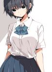  1girl :| arms_at_sides bangs black_hair blue_bow blue_bowtie blue_skirt blush bow bowtie closed_mouth collarbone collared_shirt commentary dress_shirt expressionless eyebrows_visible_through_hair eyes_visible_through_hair grey_eyes hair_between_eyes high-waist_skirt highres looking_at_viewer loose_bowtie matsuda_hikari original pleated_skirt school_uniform shirt shirt_tucked_in short_hair short_sleeves sidelighting simple_background skirt solo standing tented_shirt white_background white_shirt wing_collar 