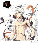  !? 1boy abs ammunition arknights closed_mouth clothes_removed collarbone executor_(arknights) hair_between_eyes halo light_blue_eyes male_focus motion_lines patient_zero solo sweatdrop toned toned_male torn_clothes twitter_username white_background white_hair 