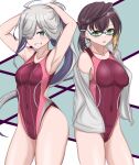  2girls absurdres ahoge armpits asashimo_(kancolle) black_hair blue-framed_eyewear commentary_request competition_swimsuit covered_navel cowboy_shot glasses gradient_hair green_eyes grey_eyes hair_over_one_eye highres jacket kantai_collection long_hair looking_at_viewer multicolored_clothes multicolored_hair multicolored_swimsuit multiple_girls okinami_(kancolle) one-piece_swimsuit open_clothes open_jacket pink_hair ponytail presenting_armpit purple_swimsuit sharp_teeth short_hair swimsuit teeth tokiwa_senkei white_jacket 