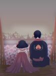  1boy 1girl absurdres black_hair garden grey_sky highres hoicyo hoozuki_(hoozuki_no_reitetsu) hoozuki_no_reitetsu japanese_clothes mountain peach_maki short_hair simple_background sitting 