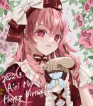  1girl bow commentary drill_locks flower gloves happy_birthday highres long_hair mohey_444 momoi_airi pink_eyes pink_flower pink_hair project_sekai red_bow solo white_bow white_gloves 