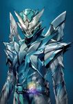  1boy armor arms_at_sides belt blue_background blue_bodysuit blue_headwear bodysuit commentary glowing helmet highres holy_live kamen_rider kamen_rider_live kamen_rider_revice male_focus paintedmike shoulder_armor simple_background sketch solo standing two_sidriver white_wings wing_genome wings 