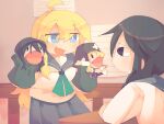  2girls ahoge black_eyes black_hair blonde_hair blue_eyes blush chito_(shoujo_shuumatsu_ryokou) commission eyebrows_visible_through_hair highres indoors kill_me_baby long_hair looking_at_another low_twintails multiple_girls open_mouth parody puppet shoujo_shuumatsu_ryokou smile smug tazi twintails yuuri_(shoujo_shuumatsu_ryokou) 