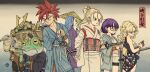  3girls ayla_(chrono_trigger) blonde_hair breasts chrono_trigger closed_mouth crono_(chrono_trigger) earrings frog_(chrono_trigger) glasses highres jewelry long_hair lucca_ashtear magus_(chrono_trigger) marle_(chrono_trigger) multiple_boys multiple_girls pointy_ears ponytail purple_hair redhead robo_(chrono_trigger) robot samurai short_hair simple_background smoking sword weapon yuto_sakurai 