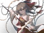 1girl absurdres arm_up ascot bangs bare_shoulders bow breasts brown_eyes brown_hair collarbone cowboy_shot detached_sleeves eyebrows_behind_hair frilled_bow frilled_hair_tubes frilled_shirt_collar frills glint gohei grey_background hair_between_eyes hair_bow hair_tubes hakurei_reimu highres holding holding_stick light_particles light_smile long_hair long_sleeves looking_at_viewer midriff navel open_mouth red_bow red_eyes red_skirt red_vest simple_background skirt skirt_set small_breasts solo stick touhou tqg_07 vest wide_sleeves yellow_ascot 