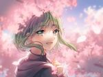  1girl :d aryuma772 cherry_blossoms day floating_hair flower green_eyes green_hair gumi highres long_hair open_mouth outdoors pink_flower portrait smile solo spring_(season) vocaloid 