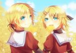  2girls aryuma772 bangs black_bow blonde_hair blue_eyes bow closed_mouth eyebrows_visible_through_hair hair_between_eyes hair_bow hair_ornament hairclip highres kagamine_len kagamine_rin multiple_girls open_mouth red_sailor_collar sailor_collar shiny shiny_hair short_hair smile upper_body vocaloid white_sailor_collar 