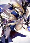  2girls absurdres armor artoria_pendragon_(caster)_(fate) artoria_pendragon_(fate) belt black_gloves black_ribbon blonde_hair blue_belt blue_cape blue_headwear blue_ribbon bow bowtie breastplate buttons cape commentary crown dress dual_persona elbow_gloves english_text eyebrows_visible_through_hair fate/grand_order fate_(series) fur_collar gloves glowing glowing_eyes gold_trim green_eyes hair_ribbon hat highres holding holding_staff holding_sword holding_weapon long_hair long_sleeves looking_at_viewer looking_away marmyadose_(fate) mini_crown multiple_girls petals purple_bow ribbon staff sword twintails very_long_hair weapon white_dress wide_sleeves y_udumi 