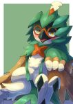  absurdres animal_focus bird blush border commentary_request decidueye green_background highres looking_at_viewer no_humans open_mouth orange_pupils owl pokemon pokemon_(creature) signature solo tanpakuroom white_border yellow_eyes 