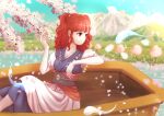  1girl arm_rest bangs blue_kimono cherry_blossoms closed_mouth day eyebrows_visible_through_hair feet_out_of_frame flower hair_bobbles hair_ornament hand_up hitodama holding japanese_clothes kimono kyabekko long_hair looking_to_the_side mountainous_horizon onozuka_komachi outdoors pink_flower profile red_eyes redhead sky smile solo touhou two_side_up wavy_hair 
