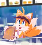  1boy animal_ears bag blue_eyes blush eyebrows_visible_through_hair fox_ears fox_tail furry gloves highres holding holding_bag looking_at_viewer mcdonald&#039;s misuta710 open_mouth smile solo sonic_(series) tail tails_(sonic) white_gloves 