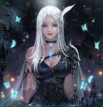  1girl absurdres armor bangs black_choker black_dress breasts bug butterfly choker collarbone dress flower_choker grey_eyes highres large_breasts light_smile long_hair looking_at_viewer nessi_winter original parted_bangs partially_submerged shoulder_armor solo upper_body white_hair 