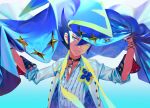  1boy bangs black_choker blue_background blue_eyes blue_hair buttons choker closed_mouth commentary_request frown gradient gradient_background grimsley_(pokemon) gyakumushi hair_between_eyes hands_up holding jacket looking_to_the_side male_focus official_alternate_costume pokemon pokemon_(game) pokemon_masters_ex shirt short_hair solo spiky_hair upper_body w_arms white_jacket white_shirt 
