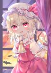  1girl :d ascot bangs bat blonde_hair blush breasts cowboy_shot crystal curtains eyebrows_visible_through_hair fangs flandre_scarlet frilled_shirt_collar frills hand_up hat hat_ribbon highres indoors long_hair looking_at_viewer mob_cap one_side_up open_mouth pafe_yuzuran pink_eyes pointy_ears puffy_short_sleeves puffy_sleeves red_ribbon red_skirt red_vest ribbon short_sleeves skin_fangs skirt skirt_set small_breasts smile solo touhou twilight vampire vest white_headwear window wings wrist_cuffs yellow_ascot 