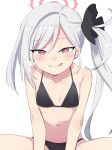  1girl bakonchi bangs bikini black_bikini blue_archive blush closed_mouth collarbone eyebrows_visible_through_hair flower hair_flower hair_ornament halo licking_lips long_hair looking_at_viewer mutsuki_(blue_archive) navel side_ponytail silver_hair simple_background smile solo swimsuit tongue tongue_out violet_eyes white_background 