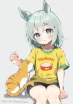 1girl artist_name blue_eyes blush cat commentary_request dated highres horse_girl looking_at_viewer medium_hair mochiko_tsuru seiun_sky_(umamusume) shirt silver_hair simple_background solo t-shirt umamusume white_background younger 