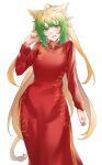  1girl absurdres ahoge animal_ear_fluff animal_ears atalanta_(fate) bangs blonde_hair breasts cat_ears china_dress chinese_clothes commentary_request dress eyebrows_visible_through_hair fang fate/apocrypha fate_(series) green_hair hand_up highres long_hair long_sleeves looking_at_viewer medium_breasts multicolored_hair parted_lips red_dress simple_background smile solo two-tone_hair two_side_up very_long_hair white_background yuki_maccha_(yukimattya10) 