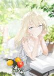  1girl absurdres apple bangs bare_arms bare_legs barefoot basket blonde_hair blurry blurry_background book collarbone dress elbow_rest feet_up flower food fruit fujiyama hair_between_eyes head_rest highres looking_at_viewer lying on_stomach open_book original outdoors smile solo white_dress 