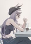  1girl absurdres animal_ears arm_rest armpit_crease bangs bare_shoulders beret black_headwear black_tank_top blunt_bangs breasts casual commentary cup denim drinking_glass drinking_straw ears_through_headwear eyebrows_visible_through_hair gold_ship_(umamusume) groin hat highres holding holding_drinking_straw horse_ears horse_girl horse_tail jeans large_breasts long_hair looking_at_viewer midriff navel pants parted_lips profile shibakarisena sidelocks silver_hair simple_background sitting solo sunglasses tail tank_top umamusume violet_eyes white_background 