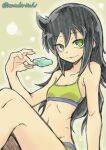  1girl bags_under_eyes bangs black_hair eyebrows_visible_through_hair flat_chest food green_eyes hair_between_eyes ice_cream kuroki_tomoko long_hair looking_at_viewer messy_hair midriff mutsuki_riichi popsicle signature simple_background sitting skinny smile solo sports_bra thighs twitter_username underwear watashi_ga_motenai_no_wa_dou_kangaetemo_omaera_ga_warui! 