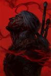  1boy armor blood cover face fur_collar geralt_of_rivia long_hair male_focus official_art ponytail profile red_background smoke solo sword the_witcher_(series) tommy_arnold weapon weapon_on_back white_hair 