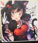  1girl animal_ears animal_hands bangs black_hair blush breasts cat_ears cat_paws cat_tail check_commentary collarbone commentary_request grey_eyes hair_ornament heart heart_hair_ornament heart_tattoo highres kitahara_tomoe_(kitahara_koubou) large_breasts long_hair looking_at_viewer love_live! love_live!_nijigasaki_high_school_idol_club one_side_up shikishi sidelocks signature solo tail tattoo translation_request upper_body white_background yuuki_setsuna_(love_live!) 