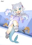  1girl animal_ears blue_eyes blue_hair blush cat_ears chibi collarbone firstw1 fish_tail full_body gawr_gura highres hololive hololive_english long_hair multicolored_hair open_mouth shark_girl shark_tail sharp_teeth shoes shrimp smile sneakers solo tail teeth upper_teeth virtual_youtuber white_footwear white_hair 