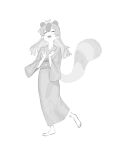  1girl :d ^_^ absurdres animal_ears clenched_hands closed_eyes copyright_request extra_ears full_body greyscale happy highres japanese_clothes kimono kona_ming leaf long_hair long_sleeves monochrome multicolored_hair obi open_mouth raccoon_ears raccoon_girl raccoon_tail sash simple_background smile solo tail wide_sleeves yukata 