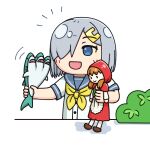  1girl blue_eyes commentary_request grey_sailor_collar grimm&#039;s_fairy_tales hair_ornament hair_over_one_eye hairclip hama!_(3toshinhmkz) hamakaze_(kancolle) kantai_collection little_red_riding_hood little_red_riding_hood_(grimm) neckerchief no_nose sailor_collar school_uniform serafuku shark short_hair silver_hair simple_background solo toy upper_body white_background yellow_neckerchief 