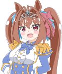  1girl :d animal_ears antenna_hair bangs blue_bow blue_jacket blush_stickers bow breasts brown_hair center_frills collared_shirt commentary_request daiwa_scarlet_(umamusume) epaulettes eyebrows_visible_through_hair fang frills hair_between_eyes hair_intakes hands_on_hips highres horse_ears jacket juliet_sleeves kapuru_0410 long_hair long_sleeves looking_at_viewer medium_breasts puffy_sleeves red_eyes shirt simple_background smile solo tiara twintails umamusume very_long_hair white_background white_shirt 