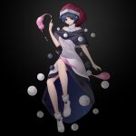  1girl :3 absurdres arm_at_side bare_shoulders black_background black_capelet black_dress blue_hair bobby_socks bright_pupils capelet commentary doremy_sweet dream_soul dress eyebrows_behind_hair full_body hand_up hat highres inoshin_(inixia1748) looking_at_viewer multicolored_clothes multicolored_dress nightcap orb parted_lips pointing pom_pom_(clothes) red_headwear short_hair simple_background sleeveless sleeveless_dress socks solo starry_sky_print touhou turtleneck_dress two-sided_fabric violet_eyes white_dress white_legwear white_pupils 