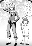  2boys :3 :q animal_ears bangs blazer closed_mouth collared_shirt commentary_request cookie_(touhou) fake_hisui_(cookie) full_body genderswap genderswap_(ftm) greyscale hisui_(cookie) jacket khn_(kihana) long_sleeves looking_at_viewer male_focus monochrome multiple_boys necktie pants pants_rolled_up rabbit_ears reisen_udongein_inaba shirt shoes short_hair smile solid_circle_eyes tongue tongue_out touhou translation_request v 