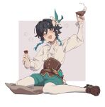  1boy alcohol bangs bard black_hair blue_hair blush bottle braid brown_footwear chinese_commentary closed_eyes commentary_request corset cup drunk flower fridaynightcat frilled_sleeves frills genshin_impact gradient_hair green_shorts hair_flower hair_ornament highres juliet_sleeves loafers long_sleeves male_focus multicolored_hair open_mouth pantyhose puffy_sleeves sakazuki sake sake_bottle shirt shoes short_hair_with_long_locks shorts sitting smile solo tokkuri twin_braids venti_(genshin_impact) wariza white_flower white_legwear white_shirt 