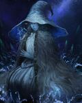  1girl absurdres blue_skin caio_santos cape cloak colored_skin cracked_skin dress elden_ring extra_arms extra_faces flower fur_cape fur_cloak hat highres large_hat ranni_the_witch robe sitting solo witch witch_hat 