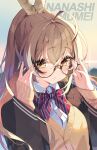  1girl ahoge blazer blurry blurry_background bow brown_eyes brown_hair cardigan character_name feather_hair_ornament feathers film_grain glasses hair_ornament highres hololive hololive_english jacket long_hair looking_at_viewer multicolored_hair nanashi_mumei official_alternate_costume parted_lips ponytail ribbon round_eyewear school_uniform shirt sleeves_past_wrists sparkle streaked_hair striped striped_bow sweater very_long_hair virtual_youtuber white_shirt yellow_cardigan yellow_sweater yotte 