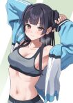  1girl arms_up bangs black_hair blunt_bangs blush breasts brown_eyes closed_mouth collarbone eyebrows_visible_through_hair green_background heavy_breathing highres idolmaster idolmaster_shiny_colors jacket long_hair long_sleeves looking_at_viewer mayuzumi_fuyuko medium_breasts navel open_clothes open_jacket shiny shiny_hair sleeves_past_wrists solo sports_bra sweat symbol-only_commentary takio_(kani_sama) white_background 