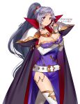  1girl armor artist_name bangs belt black_cape bracelet breasts cape chocojax choker cross detached_sleeves earrings elbow_gloves eyebrows_behind_hair fire_emblem fire_emblem:_genealogy_of_the_holy_war gloves hair_behind_ear highres ishtar_(fire_emblem) jewelry long_hair looking_at_viewer pauldrons pelvic_curtain ponytail purple_hair shoulder_armor side_slit smile solo thigh-highs tied_hair violet_eyes white_gloves 