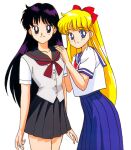  1990s_(style) 2girls aino_minako bangs bishoujo_senshi_sailor_moon black_eyes black_hair black_skirt blood blue_eyes blue_skirt bow cowboy_shot eyebrows_visible_through_hair hair_bow hino_rei long_hair long_skirt looking_at_viewer miniskirt multiple_girls non-web_source official_art retro_artstyle sailor_mars sailor_venus school_uniform shiba_koen_middle_school_uniform short_sleeves simple_background skirt smile ta_girls_school_uniform white_background 