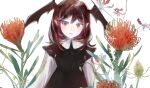  1girl :3 adapted_costume bangs black_dress blush dress flower flower_request gin_fragrans head_wings koakuma long_hair long_sleeves looking_to_the_side parted_lips pointy_ears red_eyes red_flower redhead simple_background solo touhou upper_body white_background 