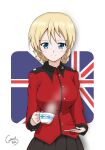  1girl absurdres black_necktie blonde_hair blue_eyes blush border breasts british coat croissant_is2 cup darjeeling_(girls_und_panzer) girls_und_panzer highres holding holding_cup necktie red_coat short_hair smile solo st._gloriana&#039;s_military_uniform teacup union_jack white_border 