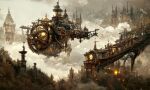 ai_generated aircraft airship architecture chinese_commentary city city_lights commentary_request doublecats fantasy flying lights no_humans original outdoors retro_artstyle scenery science_fiction steam steampunk tower tree