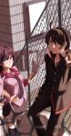  1boy 1girl absurdres ahoge araragi_koyomi arched_back bag bakemonogatari bangs black_hair black_legwear blue_eyes blurry blurry_background blurry_foreground blush breasts closed_mouth commentary_request dated depth_of_field feet_out_of_frame fence film_grain grey_eyes hand_on_hip hand_up highres holding holding_bag jihos_life juliet_sleeves korean_commentary leaning_back long_sleeves looking_at_viewer medium_breasts mixed-language_commentary monogatari_(series) naoetsu_high_school_uniform necktie outdoors pink_shirt pleated_skirt puffy_sleeves purple_hair school_uniform senjougahara_hitagi shadow shiny shiny_hair shirt sidelocks signature skirt thigh-highs 
