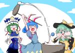  3girls animal_ears blue_hair closed_eyes eating green_eyes green_hair hat highres kine komeiji_koishi mallet mochi multiple_girls plate rabbit_ears scavia10 seiran_(touhou) shiki_eiki smile surprised touhou 