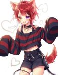  1boy animal_ears collar crop_top dog_boy dog_ears fangs heart heterochromia la_kokiii looking_at_viewer male_focus multicolored_hair multiple_boys non-web_source open_mouth pants red_eyes redhead rinu_(niconico) shirt short_hair shorts simple_background smile solo stomach strawberry_prince striped striped_shirt tail utaite_(singer) violet_eyes yellow_eyes 