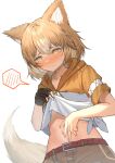  1girl absurdres animal_ears bangs belt blush closed_mouth dog_ears dog_tail fingerless_gloves gloves hand_on_own_chest highres holding holding_clothes holding_shirt kei8987 looking_away midriff navel original shirt short_hair simple_background solo stomach sweat tail white_background 