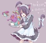  1boy ahoge allister_(pokemon) alternate_costume ame_katsuo animal_ears apron bangs black_hair blurry blush bright_pupils buttons commentary_request crossdressing dress enmaided frills heart holding holding_tray long_sleeves maid maid_headdress male_focus mole mole_under_mouth open_mouth pokemon pokemon_(creature) pokemon_(game) pokemon_swsh polteageist raised_eyebrows short_hair sinistea tail teeth tongue translation_request tray upper_teeth violet_eyes white_apron 