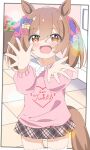  1girl :d absurdres animal_ears bangs blush bow brown_eyes brown_hair collared_shirt commentary_request eyebrows_visible_through_hair hair_between_eyes hair_bow hands_up highres horse_ears horse_girl horse_tail kapuru_0410 long_hair long_sleeves looking_at_viewer pink_bow pink_shirt pink_skirt plaid plaid_skirt pleated_skirt puffy_long_sleeves puffy_sleeves purple_bow shirt skirt smart_falcon_(umamusume) smile solo tail thigh-highs twintails umamusume white_legwear 