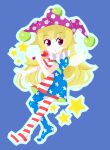  1girl american_flag american_flag_dress american_flag_legwear bangs blonde_hair blue_background blush closed_mouth clownpiece commentary_request dress expressionless eyebrows_visible_through_hair fairy fairy_wings frilled_shirt_collar frills full_body hat jester_cap long_hair looking_at_viewer messy_hair neck_ruff no_shoes nosada pantyhose polka_dot simple_background solo star_(symbol) touhou very_long_hair violet_eyes wings 